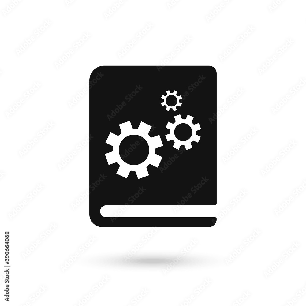 Black Book icon with settings sign. Book icon and customize, setup, manage, process concept. Vector graphics. Black Book icon with settings sign. Book icon and customize, setup, manage, process concept. Vector graphics.