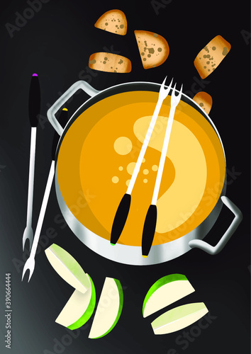 set of chocolate or cheese fondue on dark background with apple and bread