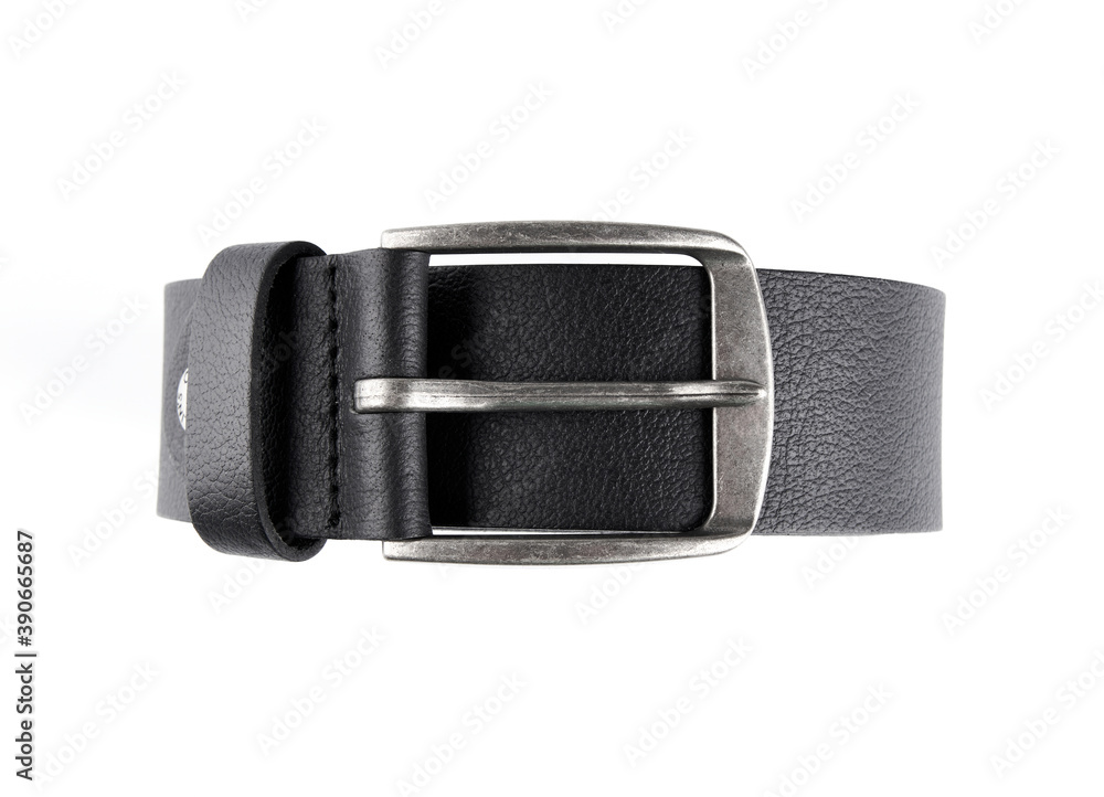 Fastened fashionable men's leather belt with dark matted metal buckle isolated on white background. Black belt for men. Black leather belt for trousers and jeans. Male accessory. Fastened fashionable men's leather belt with dark matted metal buckle isolated on white background. Black belt for men. Black leather belt for trousers and jeans. Male accessory.