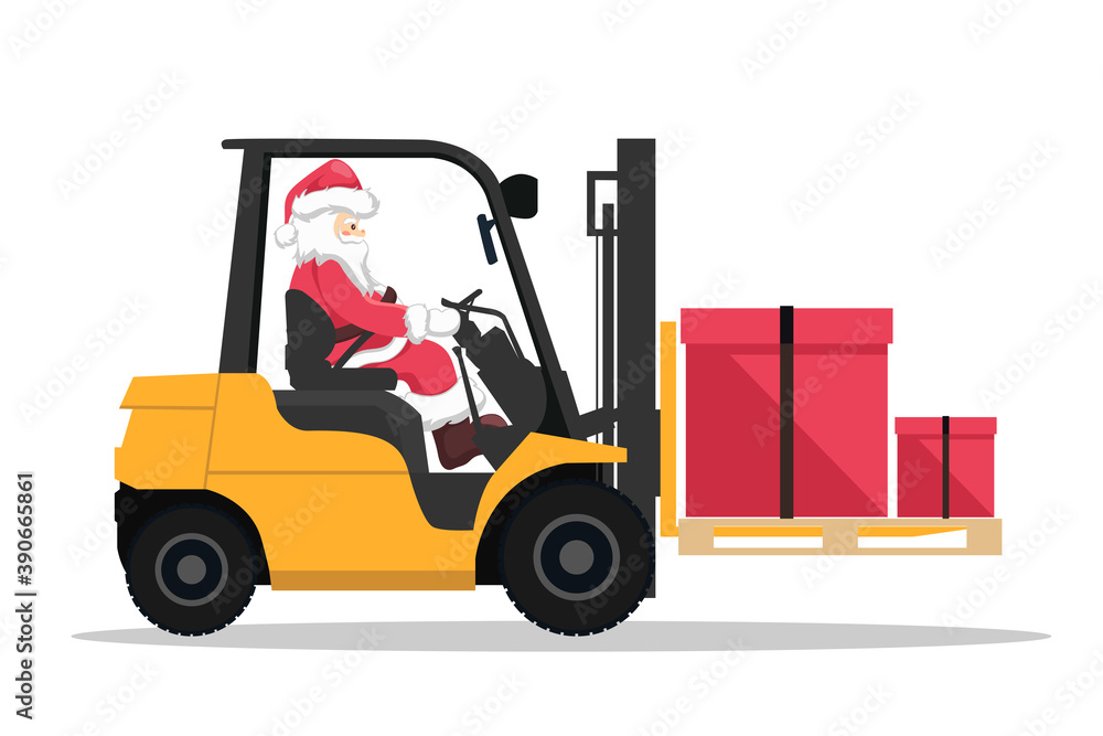 Design of santa claus driving a forklift truck with a gift box Design of santa claus driving a forklift truck with a gift box
