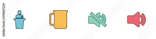 Set Speaker, Coffee cup, mute and volume icon. Vector.