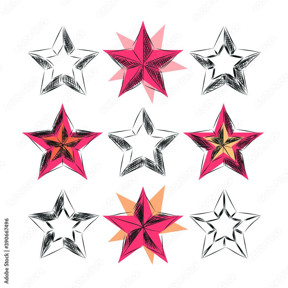 Obraz premium Hand-drawn in vector several types of stars in red and black and white