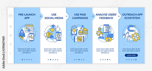 App marketing tips onboarding vector template. Pre release launch app. Using social media. Responsive mobile website with icons. Webpage walkthrough step screens. RGB color concept