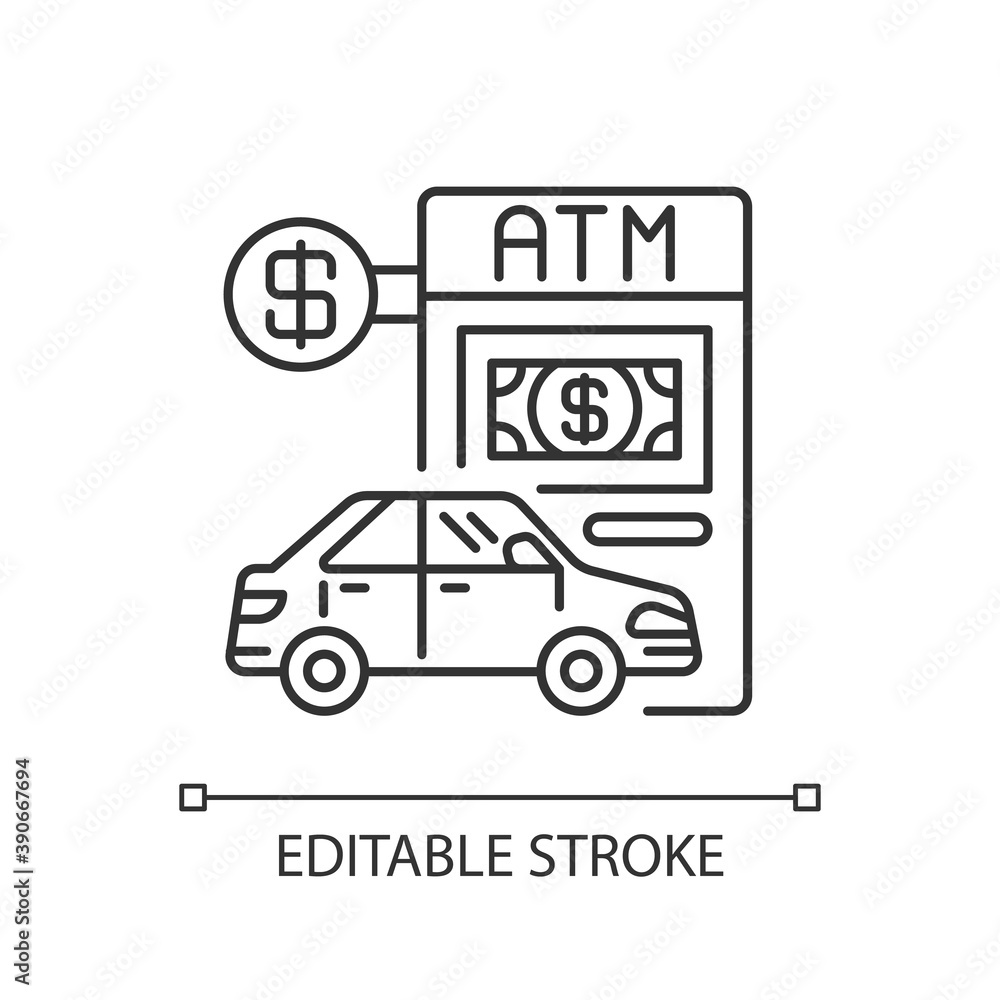 Drive through ATM linear icon. Bank services. Transport lane to terminal. Automated machine. Thin line customizable illustration. Contour symbol. Vector isolated outline drawing. Editable stroke