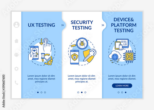 App testing components onboarding vector template. User experience testing. Emotions after using your product. Responsive mobile website with icons. Webpage walkthrough step screens. RGB color concept