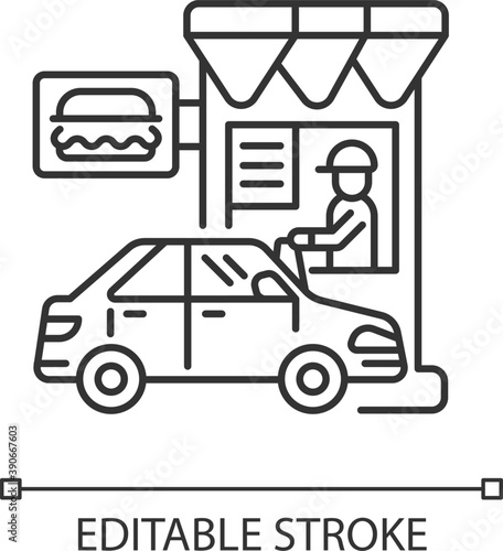 Drive through restaurant linear icon. Fast food cafe with car lane. Takeout burger. Thin line customizable illustration. Contour symbol. Vector isolated outline drawing. Editable stroke
