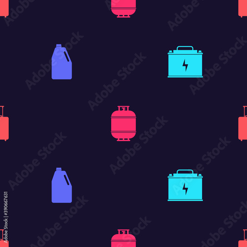 Set Car battery, Household chemicals bottle, Propane gas tank and Travel suitcase on seamless pattern. Vector.
