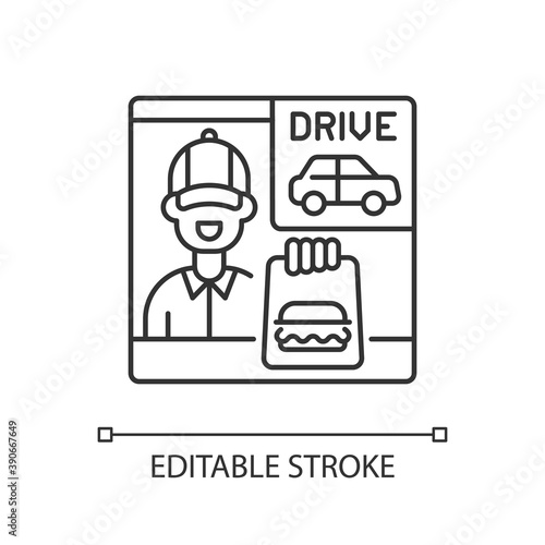 Drive through window linear icon. Fast food take away order. Restaurant employee with takeout. Thin line customizable illustration. Contour symbol. Vector isolated outline drawing. Editable stroke