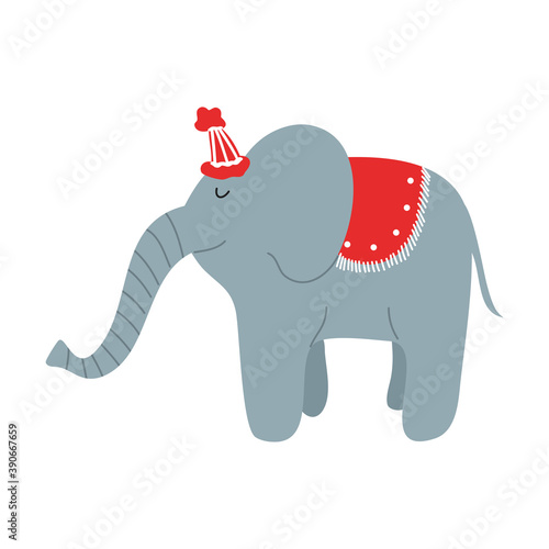 Grey clever elephant artist in red cap making show in circus
