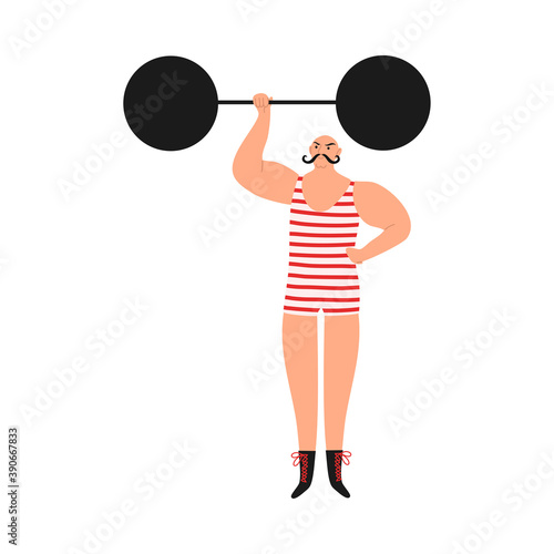 Smiling man athlete in striped costume making performance with barbell in circus