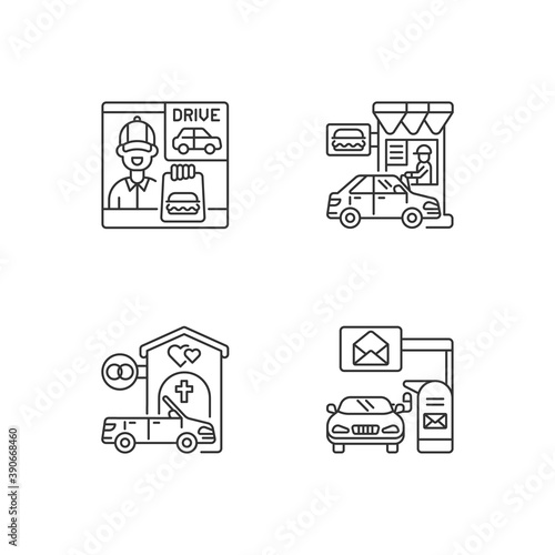 Car in drive thru lane linear icons set. Fast food restaurant window. Convenience mailbox for driver. Customizable thin line contour symbols. Isolated vector outline illustrations. Editable stroke