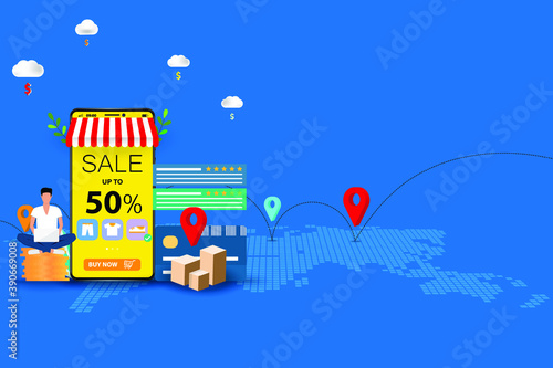 Business concept of online shopping  you man sitting on top of coin stack near a big screen of smartphone that the display contain product list  discount rate  customer rating and review.