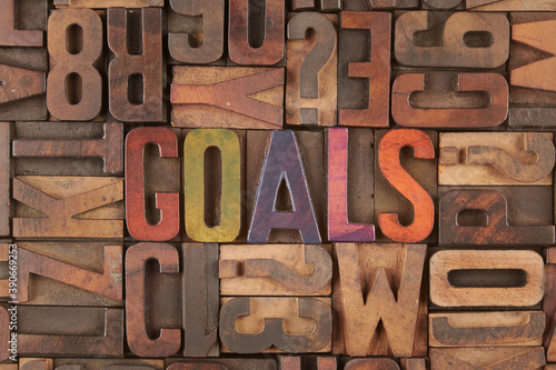goals word in vintage letterpress wooden blocks