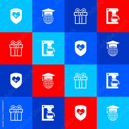 Set Shield and heart rate, Graduation cap on globe, Gift box and Coffee machine with pot icon. Vector.