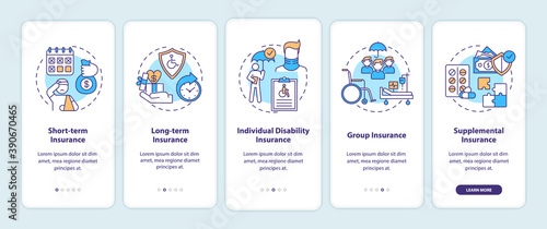 Disability insurance types onboarding mobile app page screen with concepts. Short term insurance walkthrough 5 steps graphic instructions. UI vector template with RGB color illustrations