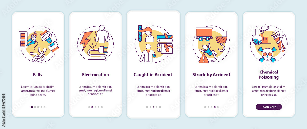 Work related injuries onboarding mobile app page screen with concepts. Falls from high places walkthrough 5 steps graphic instructions. UI vector template with RGB color illustrations