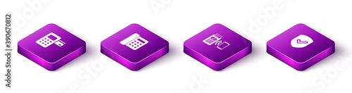 Set Isometric Pos terminal, Telephone, POS and Shield with check mark icon. Vector.