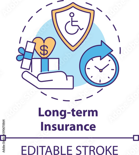 Long term insurance concept icon. Disability insurance types. Medical compensation after job accident idea thin line illustration. Vector isolated outline RGB color drawing. Editable stroke