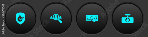 Set Waterproof, Magnifying glass for search people, Cash back and Car DVR icon. Vector.