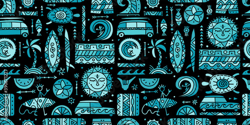 Surfing seamless pattern. Tribal elements for your design