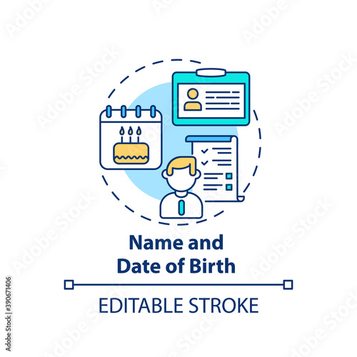 Name and date of birth concept icon. Disability insurance claim information. Personal information about worker idea thin line illustration. Vector isolated outline RGB color drawing. Editable stroke