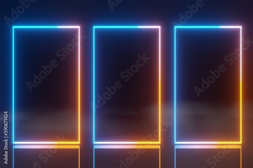 abstract technology LED screens blue orange glowing neon line animation fog background 3D rendering