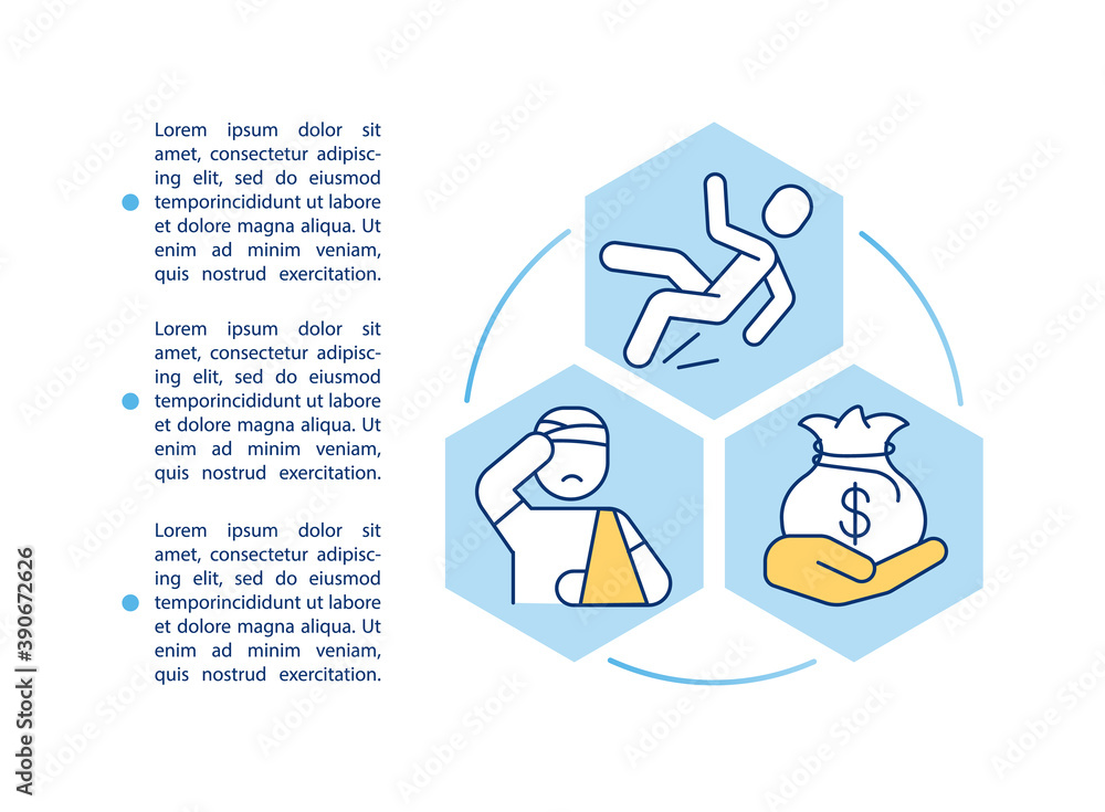 Benefits of disability insurance concept icon with text. Unexpected illness and injury. PPT page vector template. Brochure, magazine, booklet design element with linear illustrations