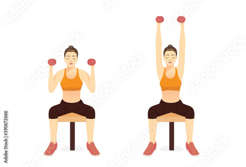 Women doing Seated Dumbbell Shoulder Press on bench. Illustration about exercise diagram for arm and chest and shoulder.