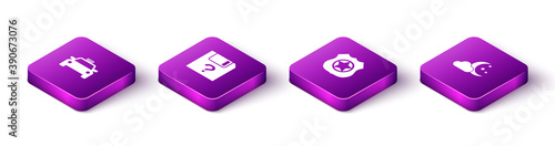 Set Isometric Taxi car, Unknown document, Police badge and Cloud with moon and stars icon. Vector.