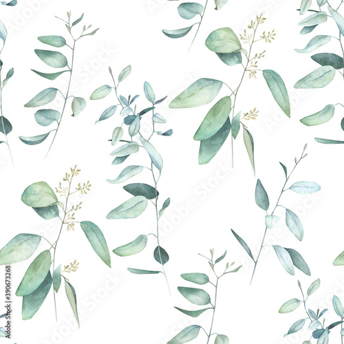 Watercolor seamless pattern witn eucalyptus branch. Hand drawn illustration. Floral background