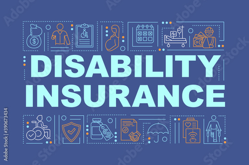 Disability insurance word concepts banner. Health benefits. Damages claim. Infographics with linear icons on violet background. Isolated typography. Vector outline RGB color illustration