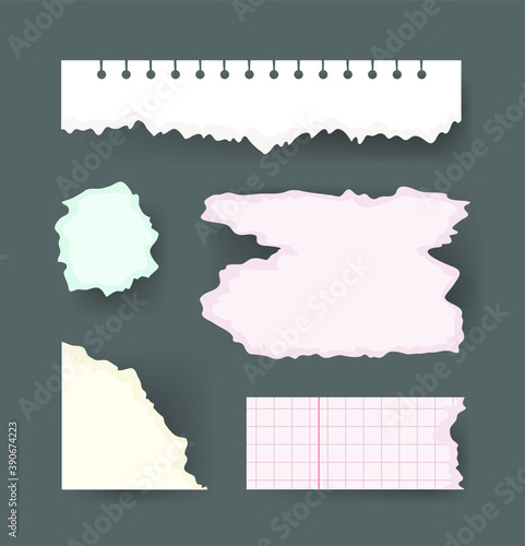 Vector Illustration Clip Art Scraps Papers. Set of Notebook Pieces. Torn Page Isolated Objects
