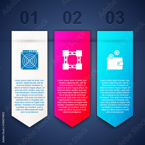 Set ASIC Miner, Blockchain technology and Cryptocurrency wallet. Business infographic template. Vector.