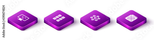 Set Isometric Mining with monitor and pickaxe, farm, Blockchain technology and ASIC Miner icon. Vector.