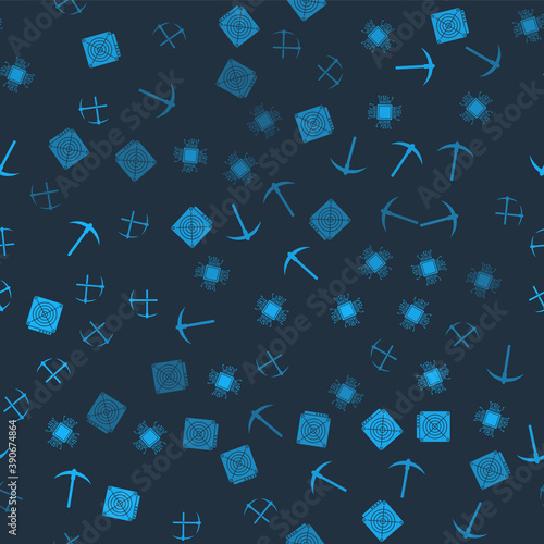 Set ASIC Miner, Processor, Pickaxe and Crossed pickaxe on seamless pattern. Vector.