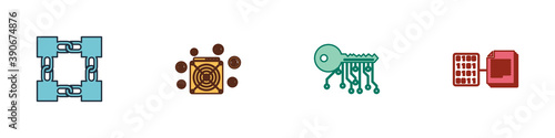 Set Blockchain technology, ASIC Miner, Cryptocurrency key and Smart contract icon. Vector.