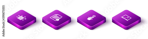 Set Isometric ASIC Miner, Smart contract, Bitcoin plant the pot and Mining with laptop and pickaxe icon. Vector.