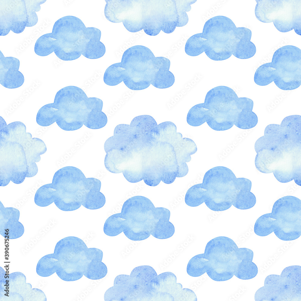 Watercolor pattern with blue clouds. Seamless background elements on white.