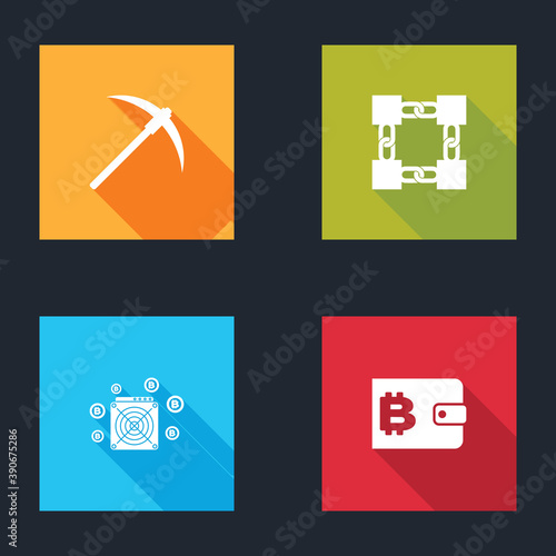 Set Pickaxe, Blockchain technology, ASIC Miner and Cryptocurrency wallet icon. Vector.