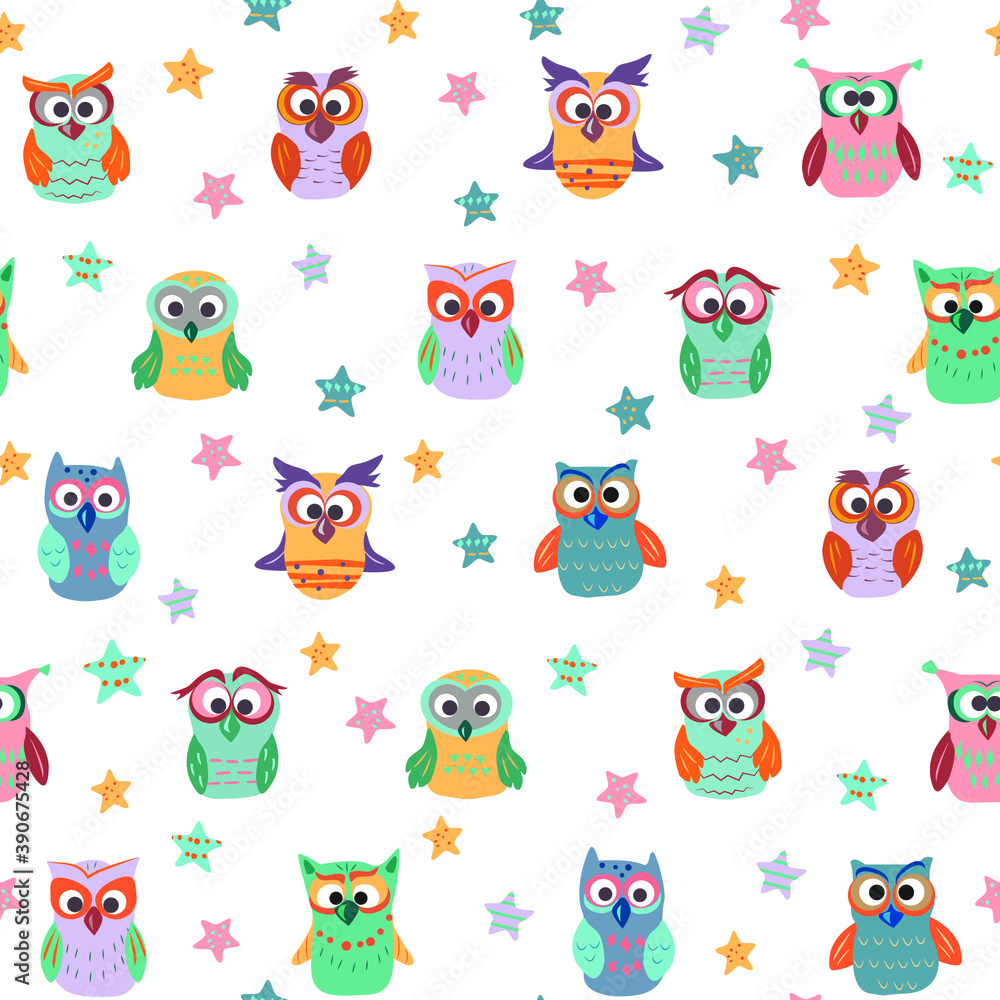 Obraz premium vector seamless pattern with owls and christmas motives. festive patterns for decorating children's clothing and rooms. Patterns for textiles and packaging Scandinavian style