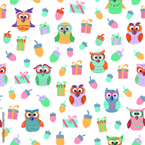 Fototapeta Naklejka Na Ścianę i Meble -  vector seamless pattern with owls and christmas motives. festive patterns for decorating children's clothing and rooms. Patterns for textiles and packaging Scandinavian style