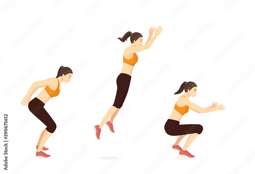Sport women doing exercise in standing long jumping postures. Illustration about step by step of fitness pose for good exercise.