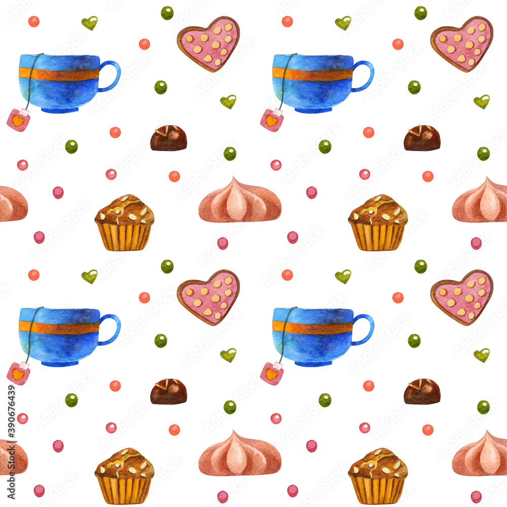 Watercolor seamless pattern of tea time. Valentine's day background.