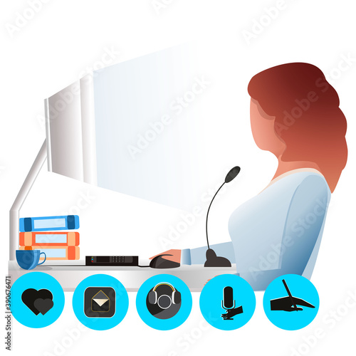 The character spends time at the computer. Computer learning concept at home, work or office. Refresher courses. Flat cartoon style. There are icons, buttons for social networks.