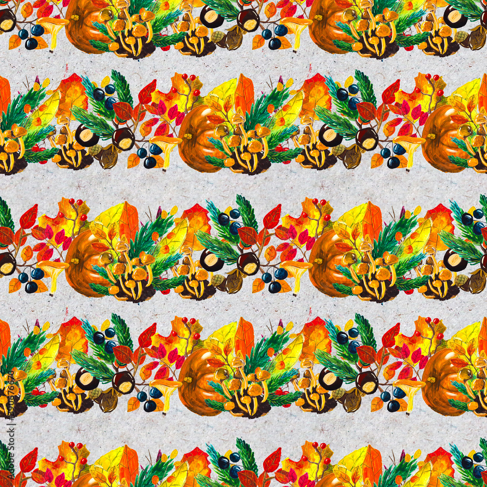 Obraz premium Autumn watercolor hand drawn seamless pattern with leaves mushrooms and pine cones