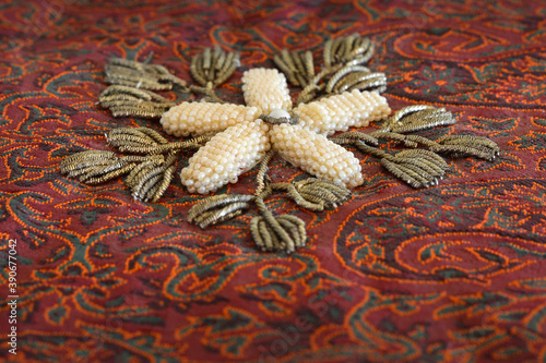 Hand beaded embroidery old tablecloth details