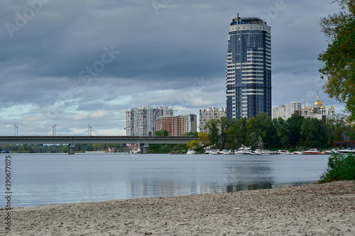 
view of kiev ukraine dnieper river beach sand metro photo