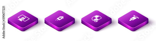Set Isometric Lock on monitor, Retro wall watch, Shield security with lock and Scooter icon. Vector.