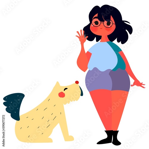 Personaje femenino saludando junto a su perro