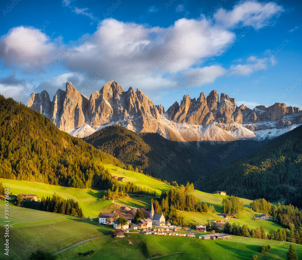 Santa Maddalena, Val di Funes, Italy. Most popular place in Italy. Classical landscape in summer time in Dolomite Alps. Travel image.